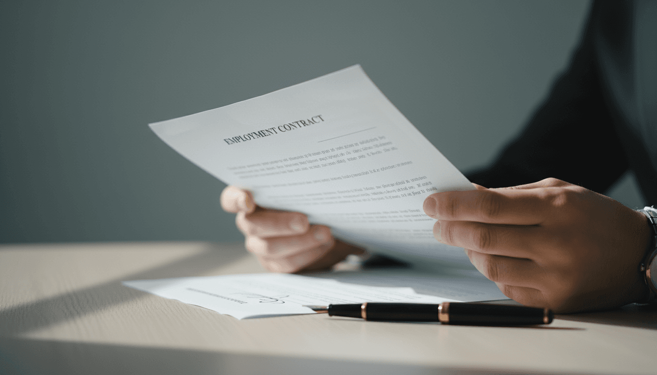 Legal professional reviewing employment contract terms