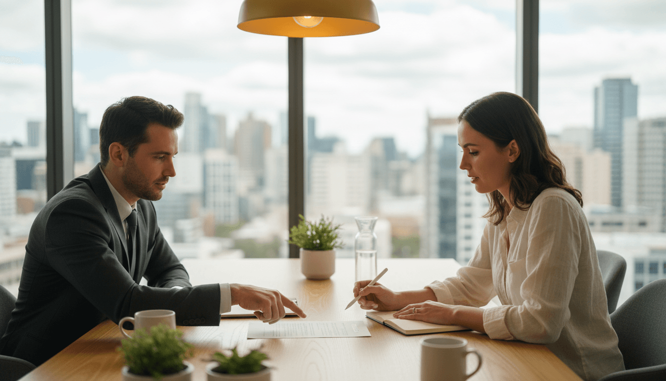 Two professionals reviewing an employment contract together at a desk in a modern Melbourne office