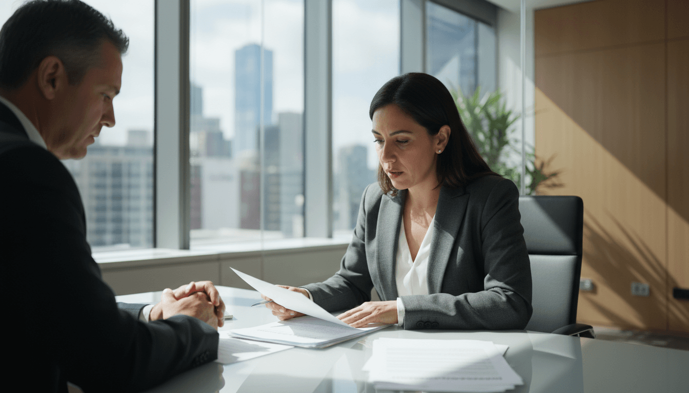 Employment lawyer reviewing unfair dismissal case documents with client
