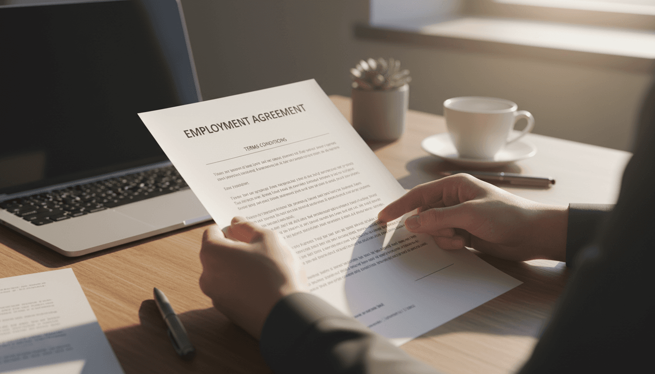 Employee reviewing employment contract terms
