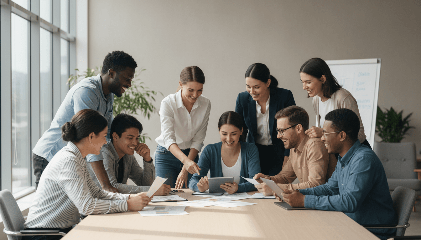 Diverse employees working together in supportive environment