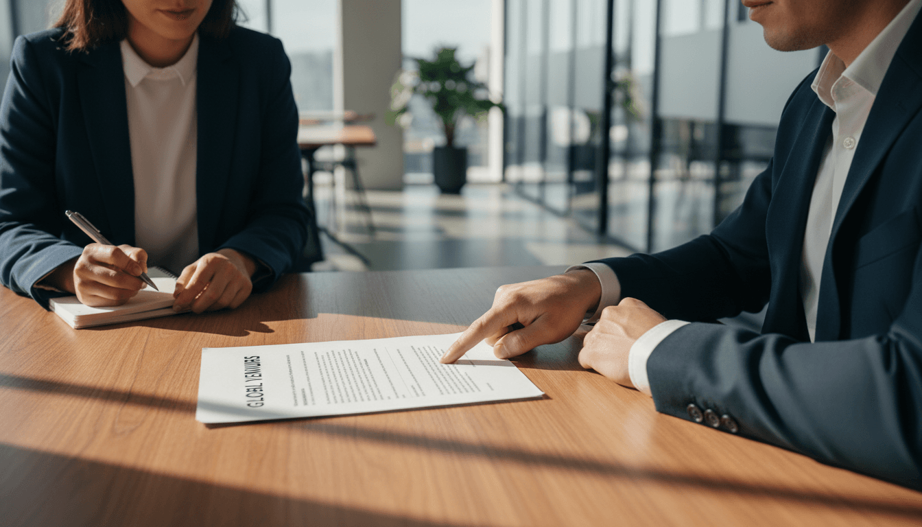 Two professionals reviewing a contract document at a desk in a modern Melbourne office