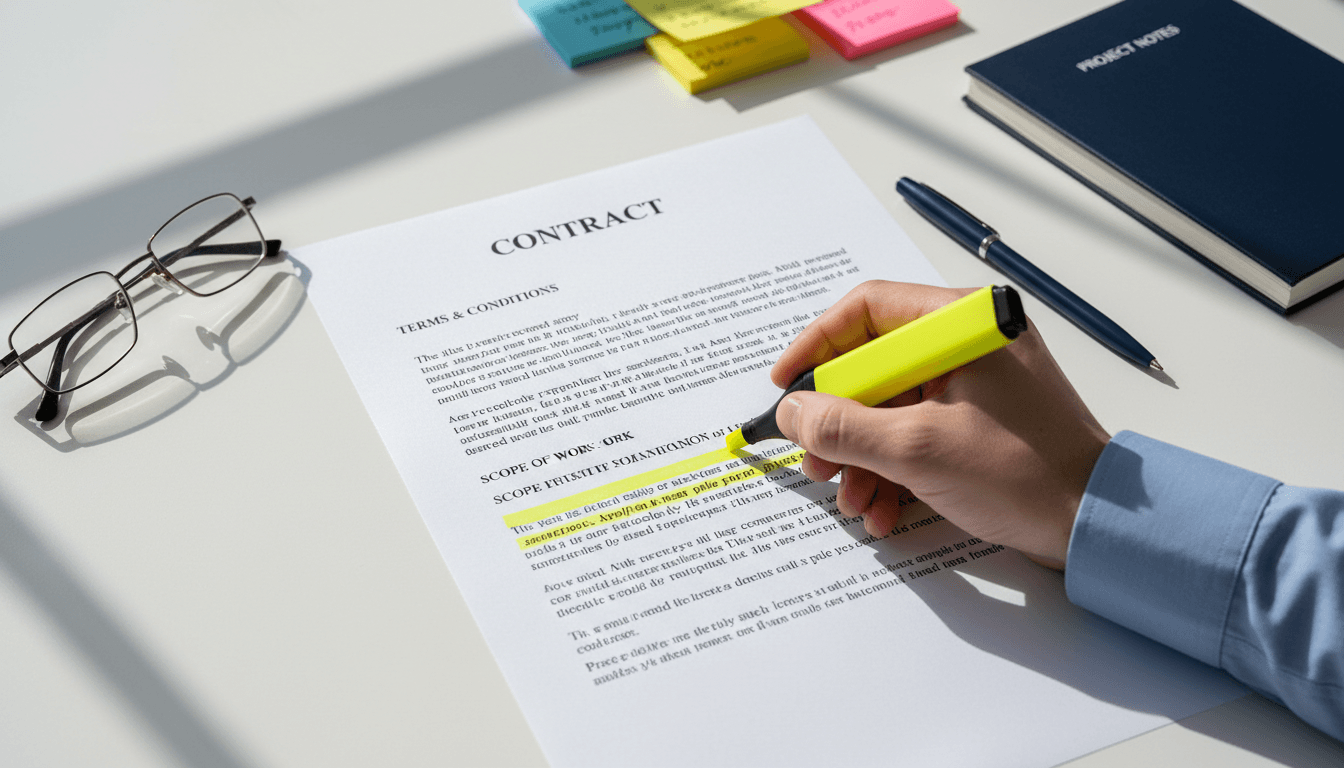 Legal professional reviewing employment contract with annotations
