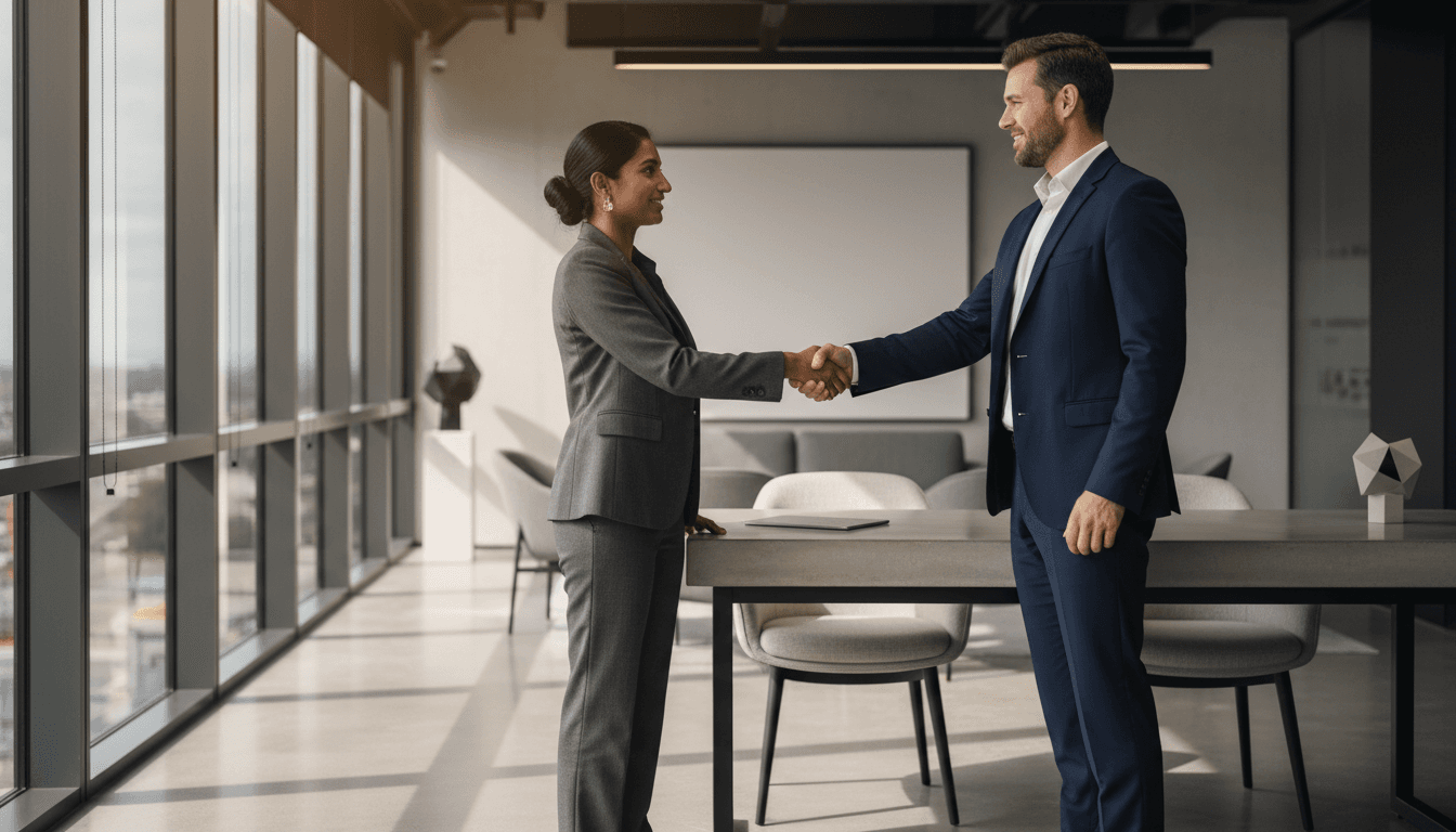 Two professionals shaking hands in a modern Melbourne law office