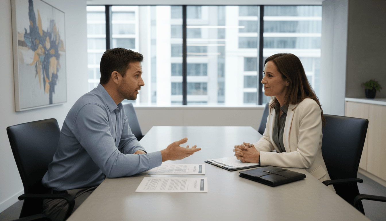 Employment lawyer consulting with business client at conference table