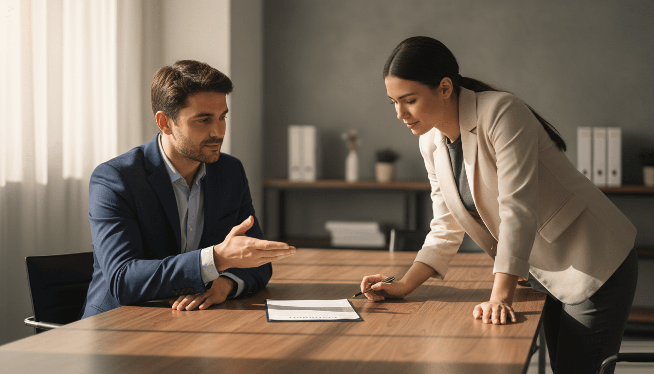Professional negotiation discussion across a table with contract document