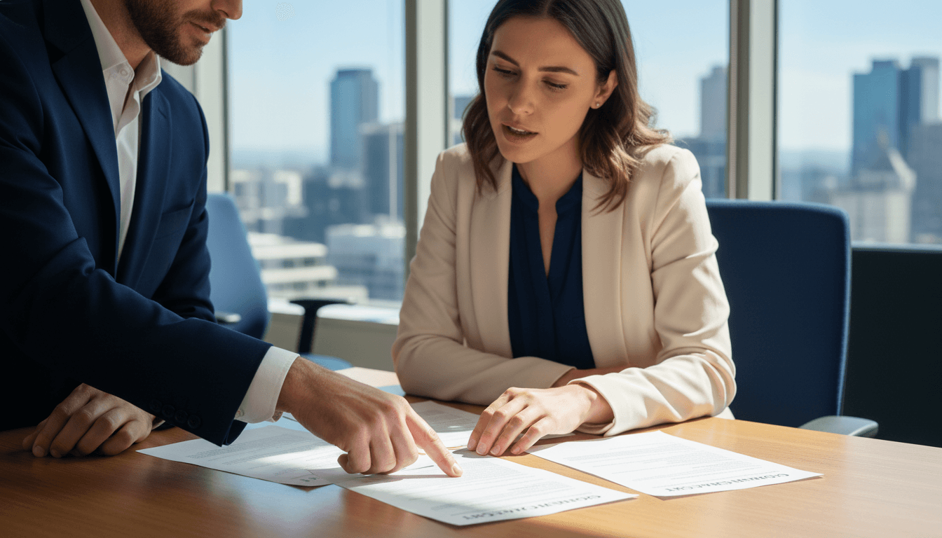 Two business professionals reviewing legal documents together in a modern Melbourne office