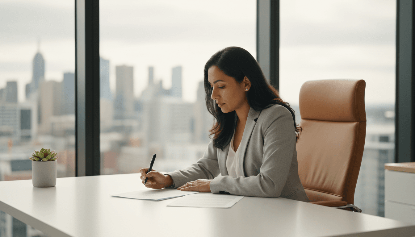 Employment lawyer reviewing contract documents in Melbourne office