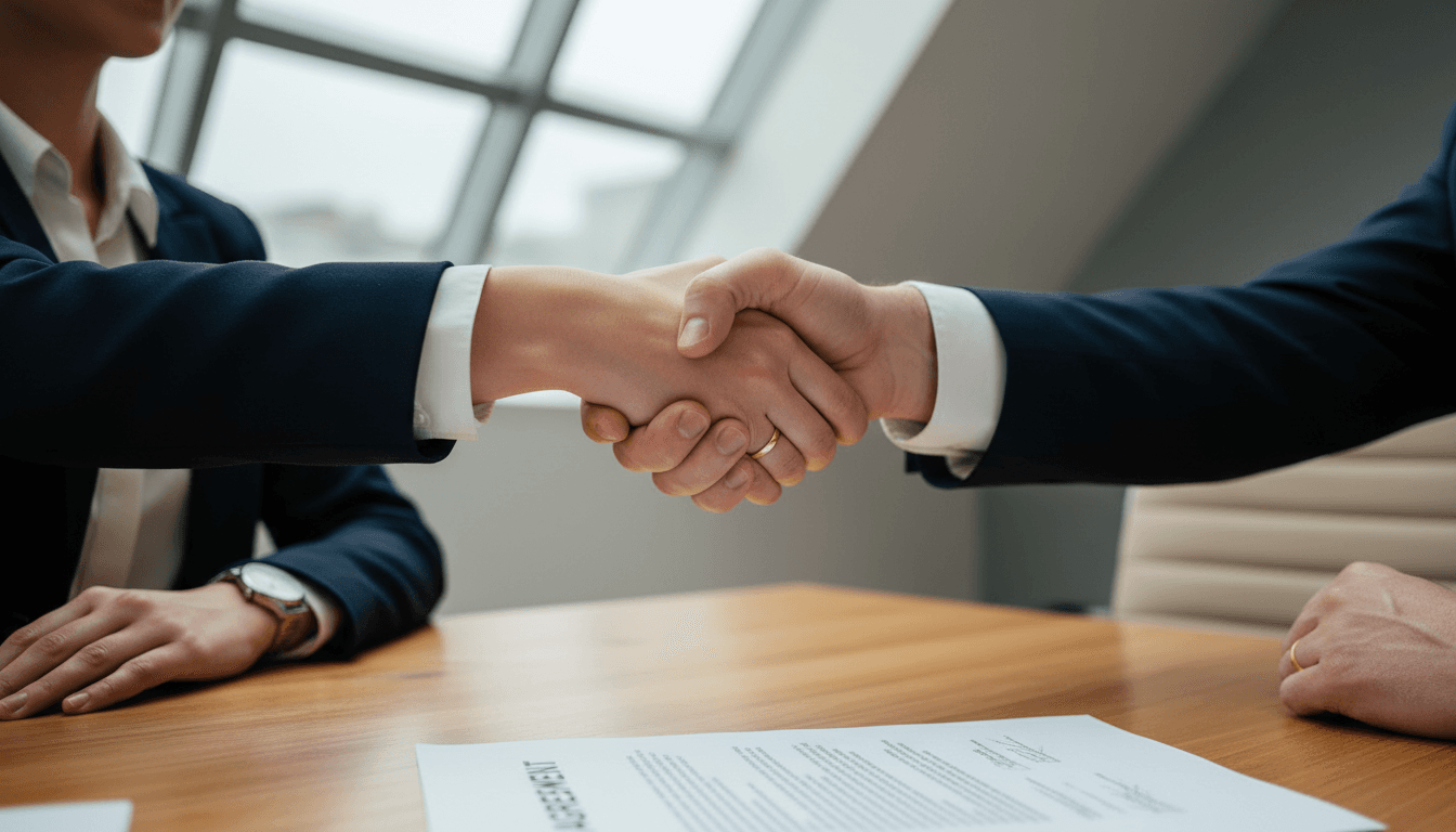 Professional handshake sealing a legal agreement