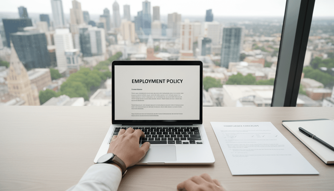 Lawyer reviewing employment compliance documents on laptop