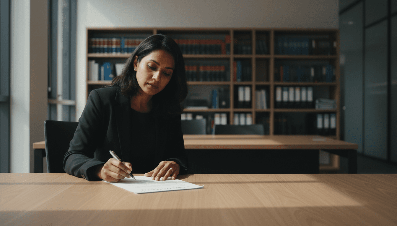 Employment lawyer reviewing contract document at desk