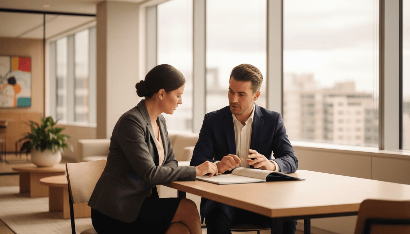 Two professionals in a Melbourne office discussing a legal document during a consultation