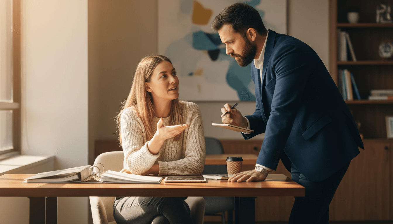 Two professionals in conversation, one listening intently while taking notes