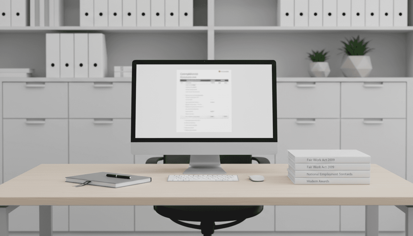 Organized legal workspace with compliance documentation and reference materials