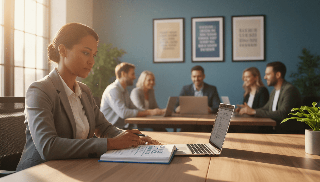 Business leader reviewing employment policies in a modern office