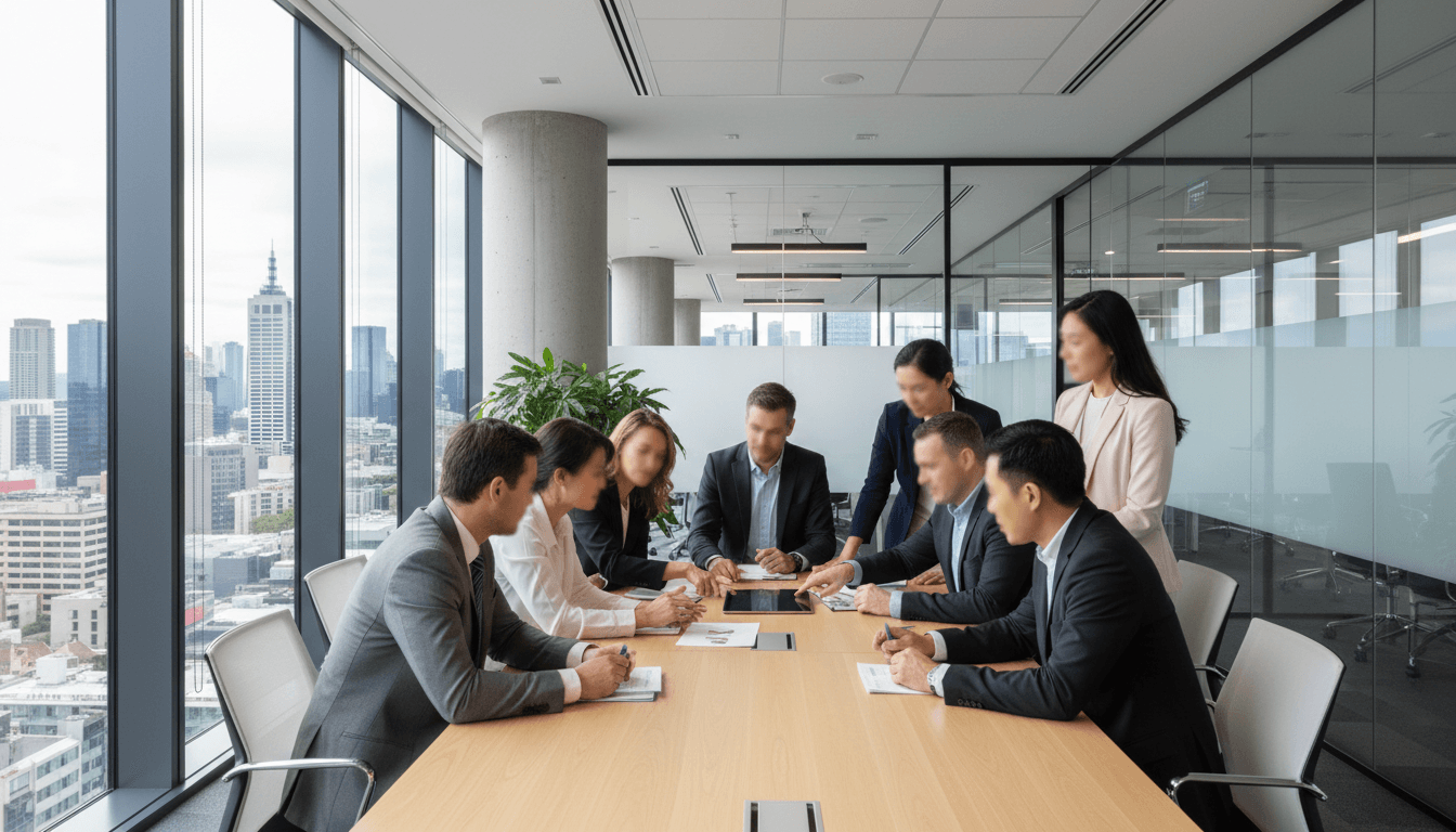 Business team conducting workplace restructure meeting